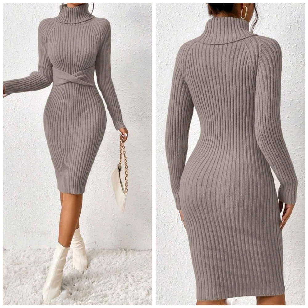 NEW Luxe Ribbed Knit Turtleneck Sweater Dress Bodycon Twist Waist Muted Brown